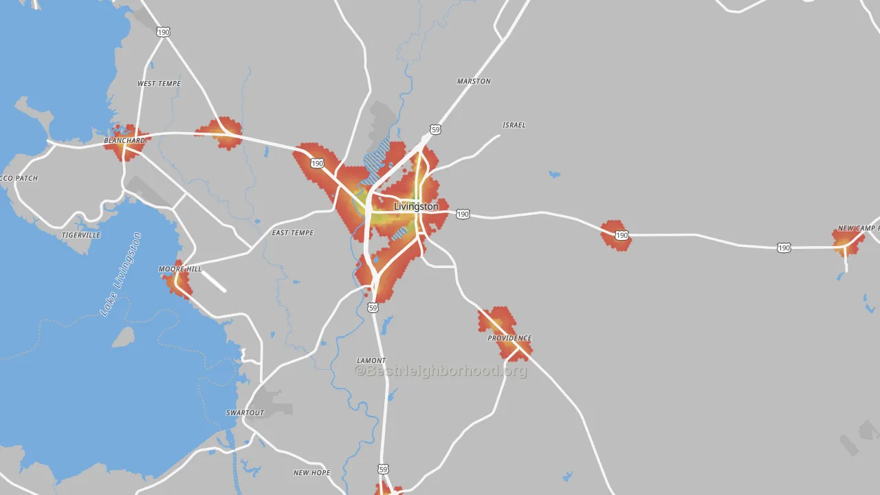 Walk Grade map of Livingston, TX, walkable areas in green and car-dependent areas in red