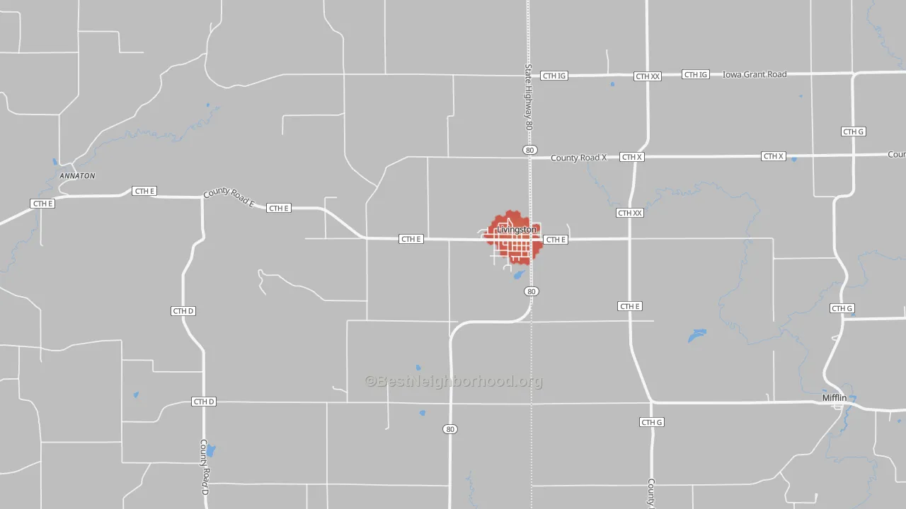 Walk Grade map of Livingston, WI, walkable areas in green and car-dependent areas in red