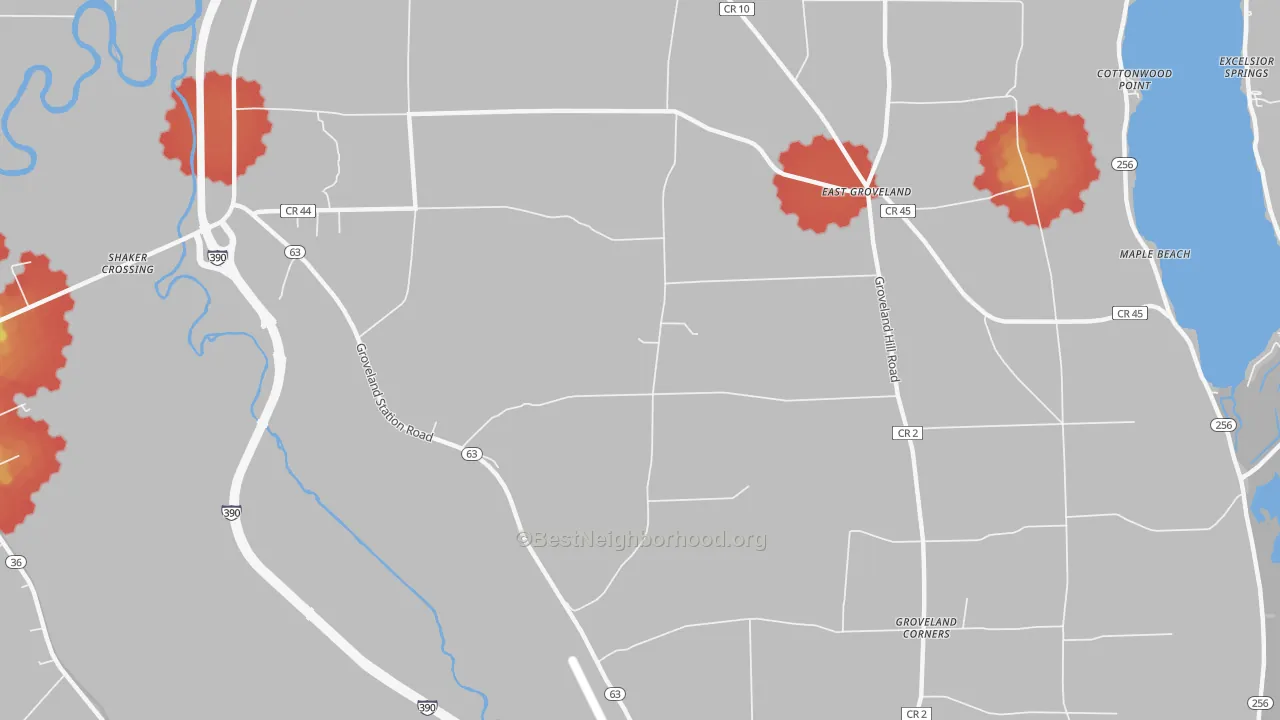 Walk Grade map of Livonia Center, NY, walkable areas in green and car-dependent areas in red