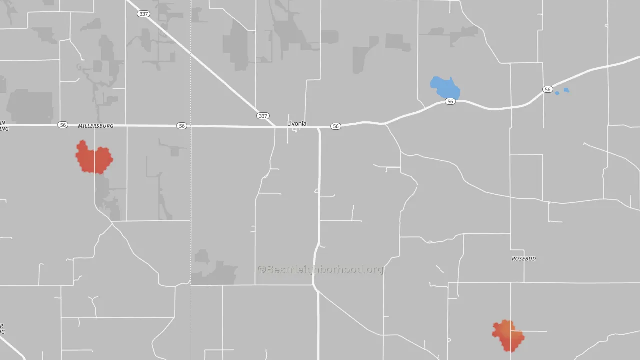 Walk Grade map of Livonia, IN, walkable areas in green and car-dependent areas in red