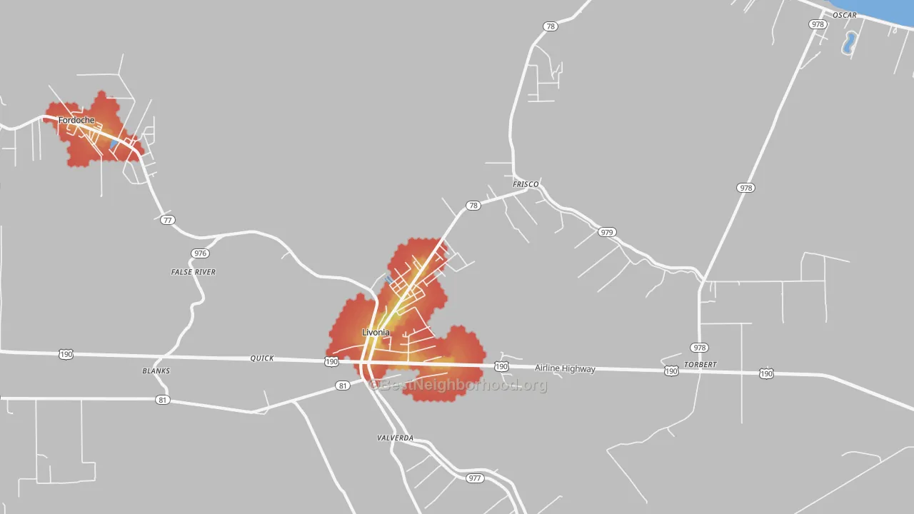 Walk Grade map of Livonia, LA, walkable areas in green and car-dependent areas in red