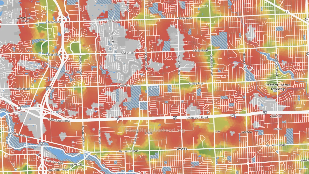 Walk Grade map of Livonia, MI, walkable areas in green and car-dependent areas in red