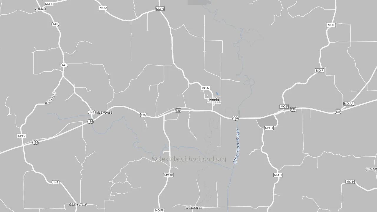 Walk Grade map of Livonia, MO, walkable areas in green and car-dependent areas in red