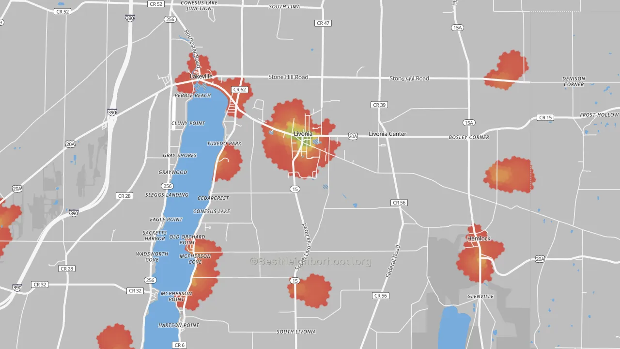 Walk Grade map of Livonia, NY, walkable areas in green and car-dependent areas in red