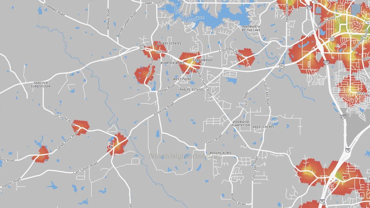 Walk Grade map of Lizella, GA, walkable areas in green and car-dependent areas in red