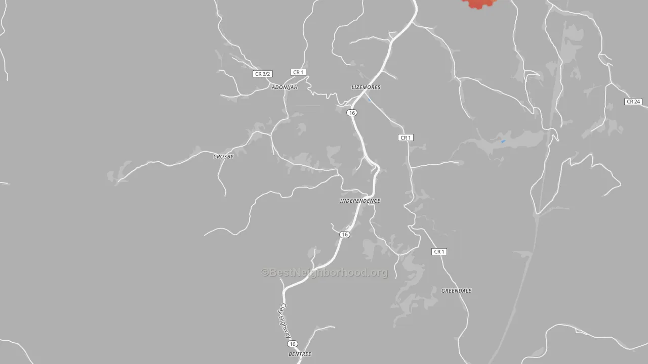 Walk Grade map of Lizemores, WV, walkable areas in green and car-dependent areas in red