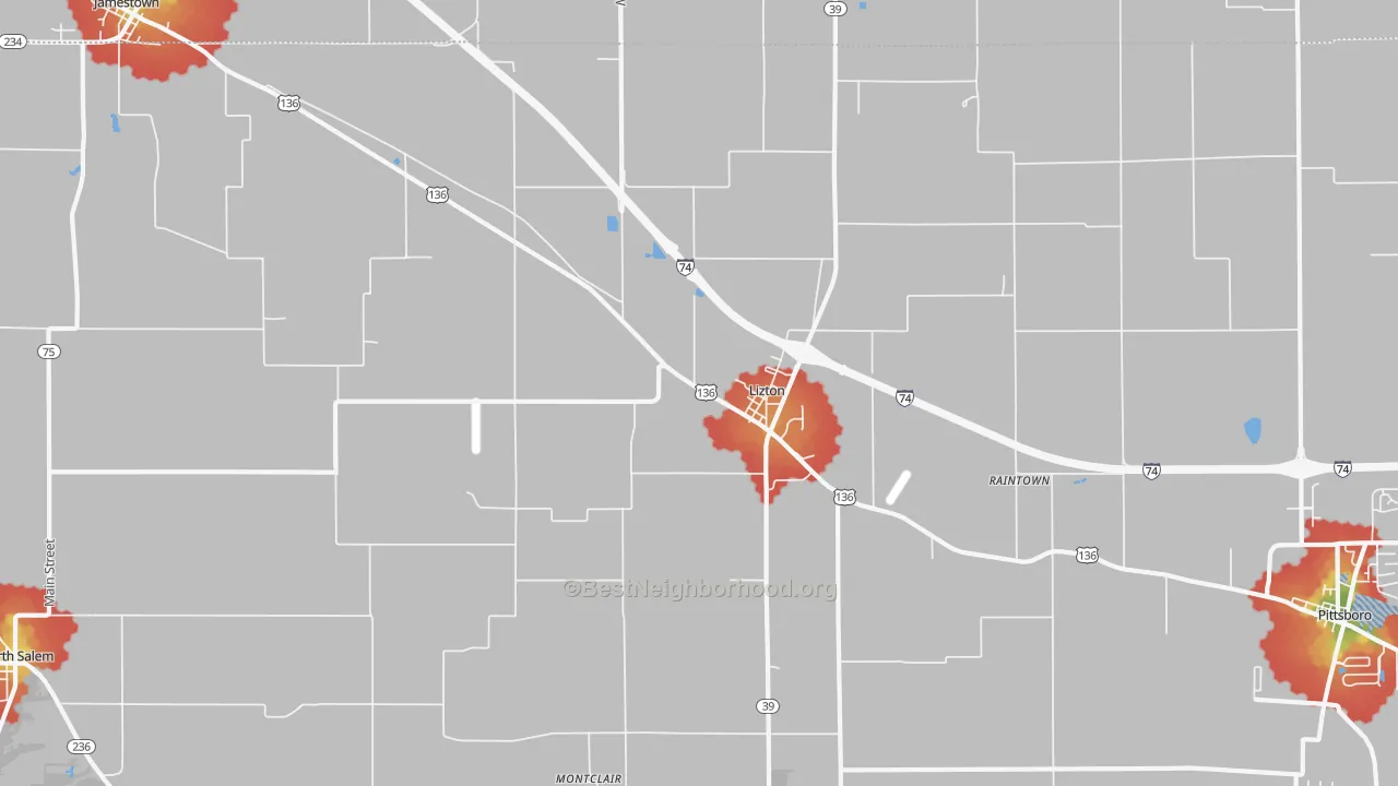 Walk Grade map of Lizton, IN, walkable areas in green and car-dependent areas in red