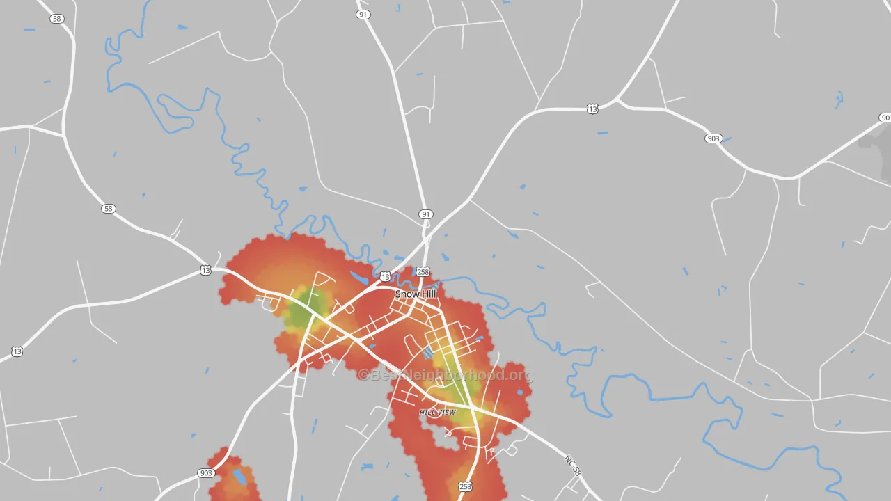 Walk Grade map of Lizzie, NC, walkable areas in green and car-dependent areas in red