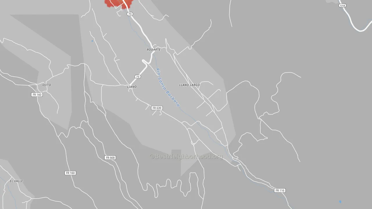 Walk Grade map of Llano Largo, NM, walkable areas in green and car-dependent areas in red