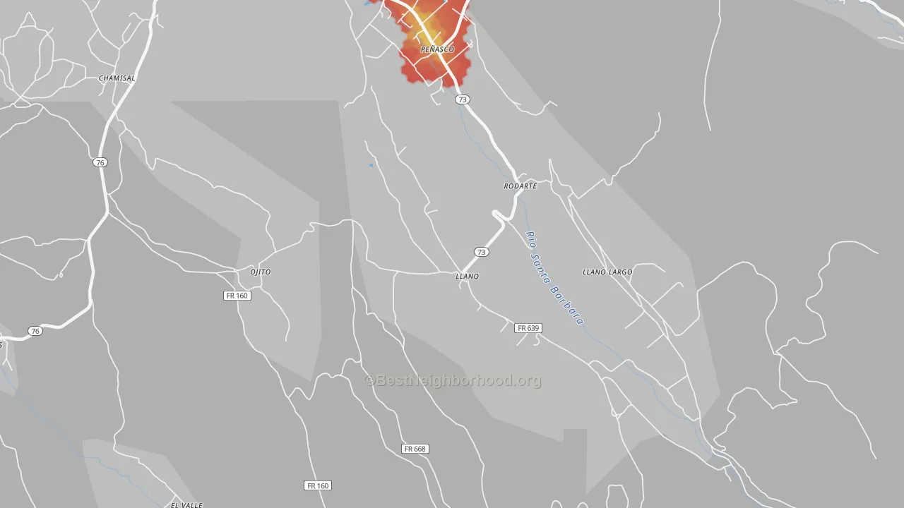 Walk Grade map of Llano, NM, walkable areas in green and car-dependent areas in red
