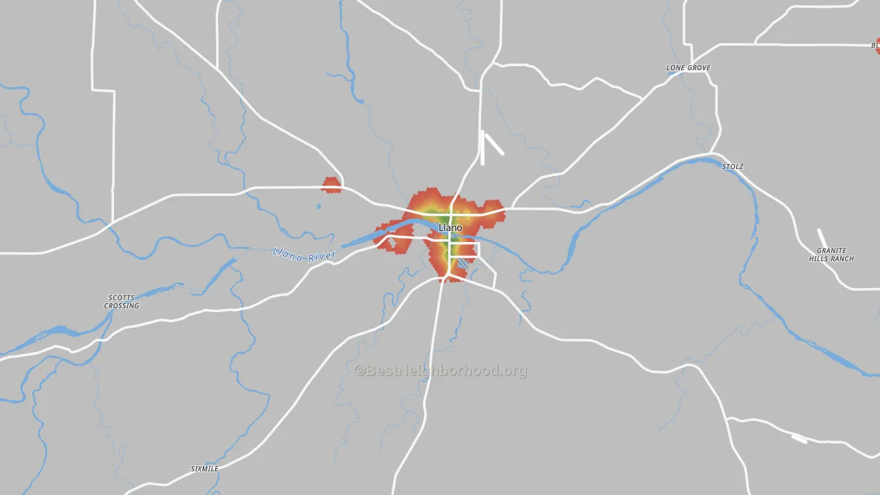 Walk Grade map of Llano, TX, walkable areas in green and car-dependent areas in red