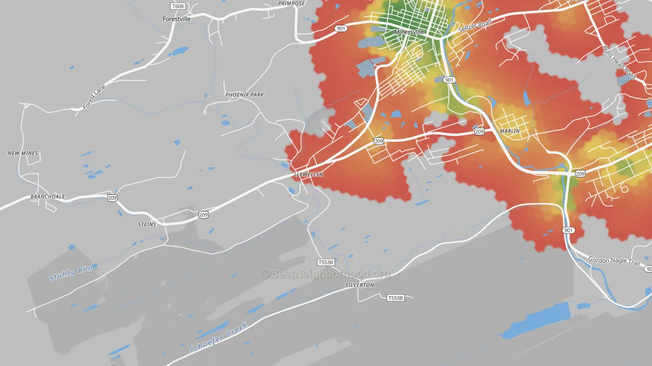 Walk Grade map of Llewellyn, PA, walkable areas in green and car-dependent areas in red