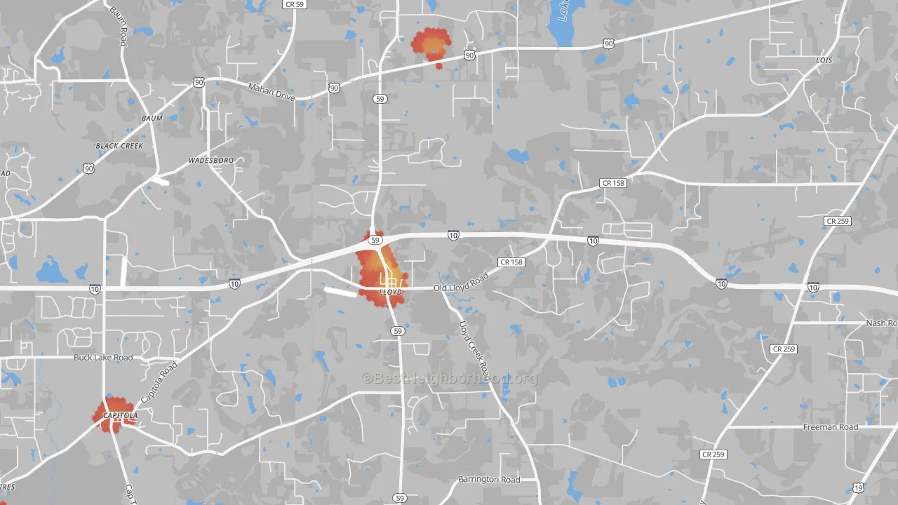 Walk Grade map of Lloyd, FL, walkable areas in green and car-dependent areas in red