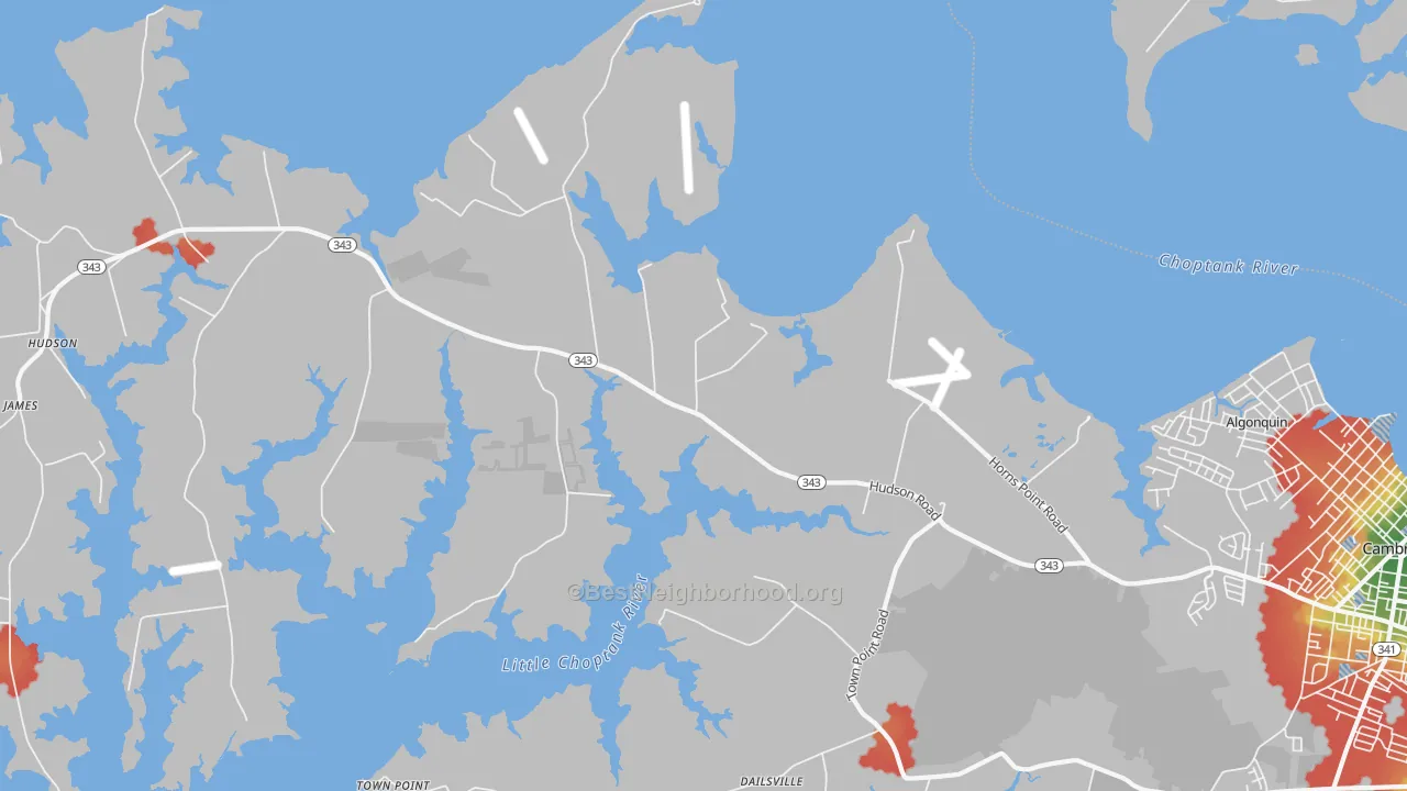 Walk Grade map of Lloyds, MD, walkable areas in green and car-dependent areas in red