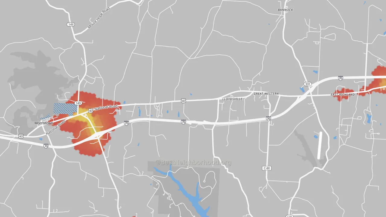 Walk Grade map of Lloydsville, OH, walkable areas in green and car-dependent areas in red
