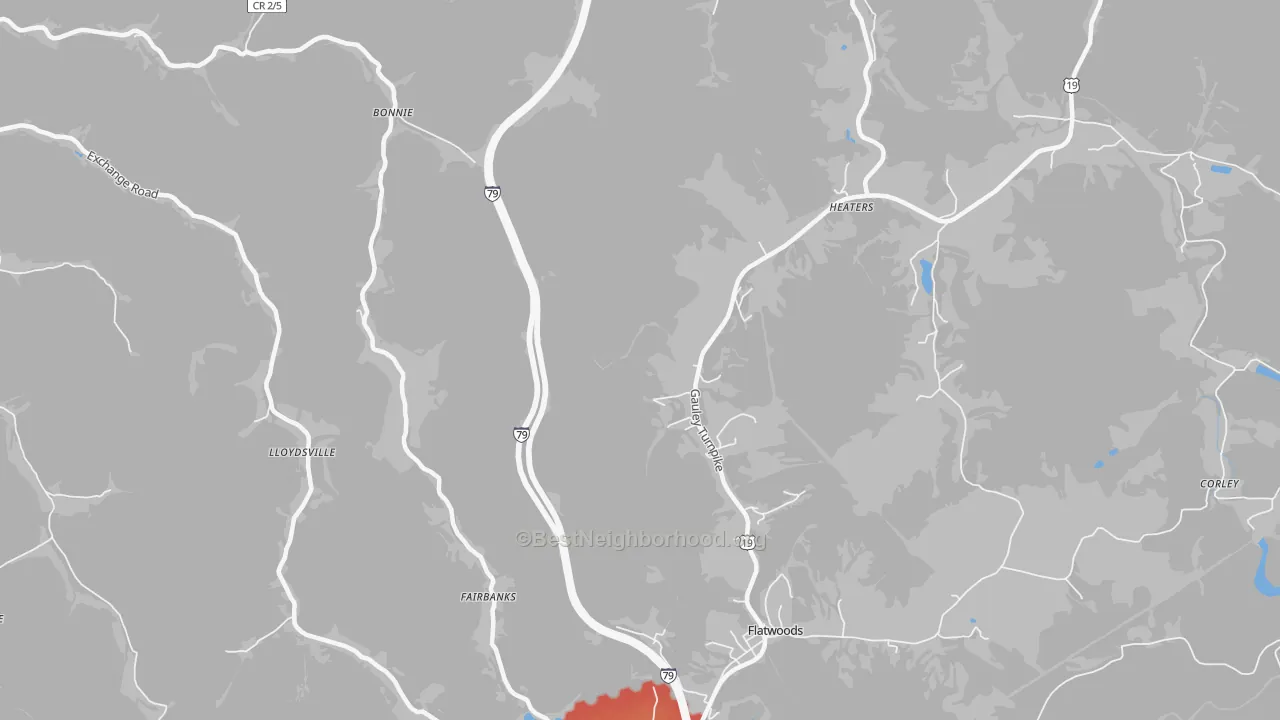 Walk Grade map of Lloydsville, WV, walkable areas in green and car-dependent areas in red