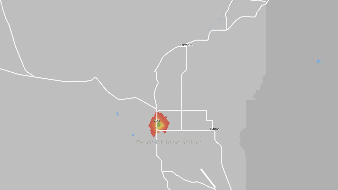 Walk Grade map of Loa, UT, walkable areas in green and car-dependent areas in red