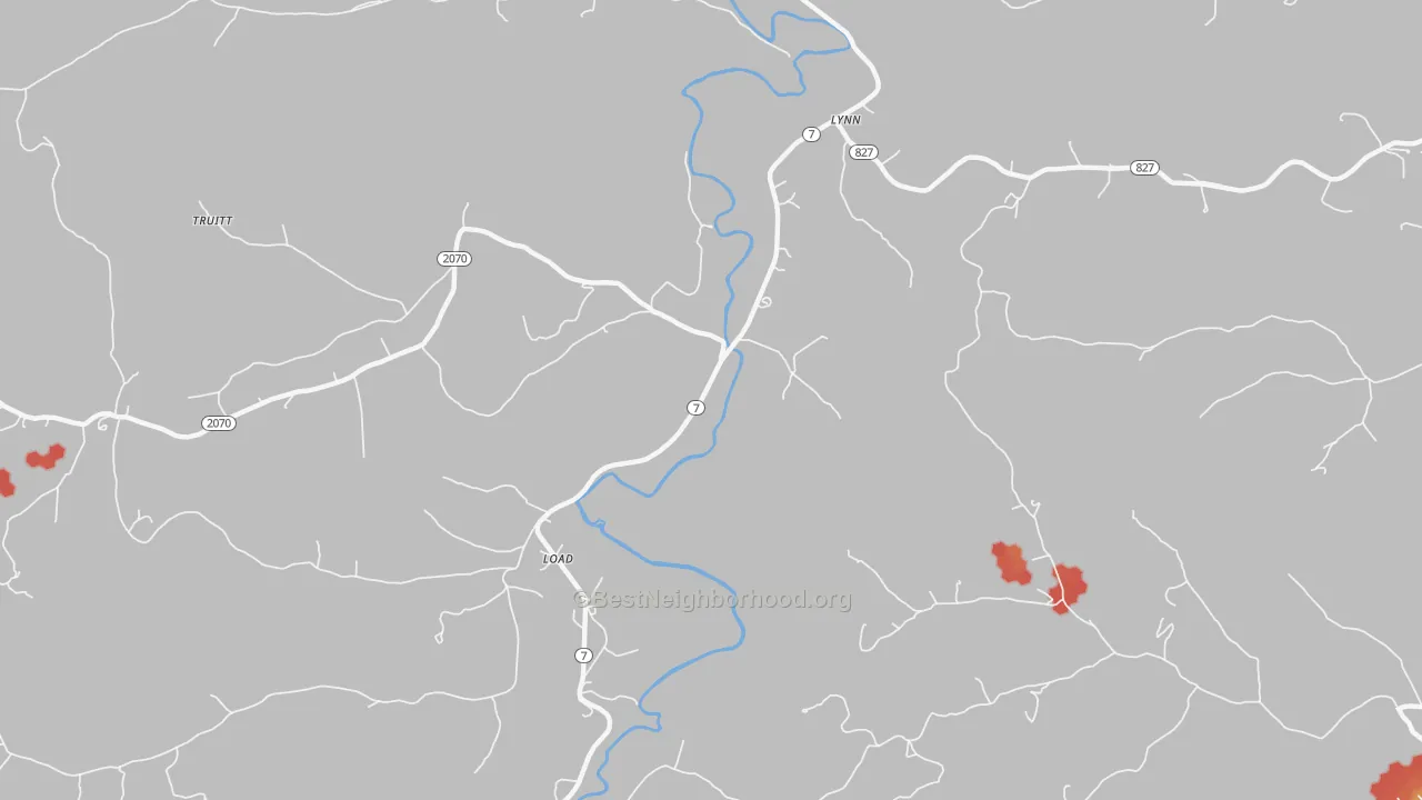 Walk Grade map of Load, KY, walkable areas in green and car-dependent areas in red