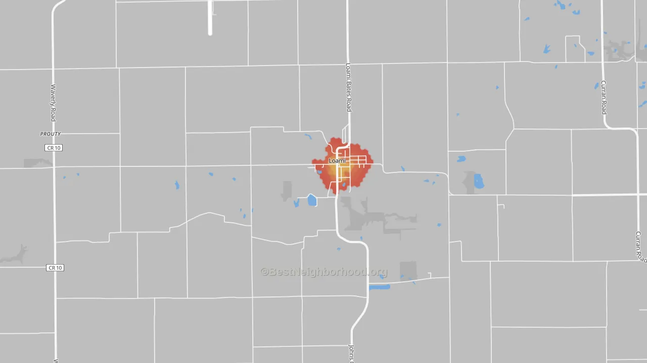Walk Grade map of Loami, IL, walkable areas in green and car-dependent areas in red