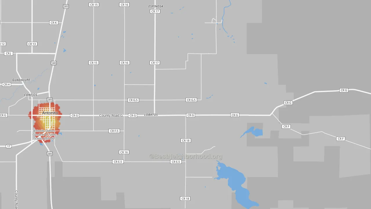 Walk Grade map of Lobatos, CO, walkable areas in green and car-dependent areas in red