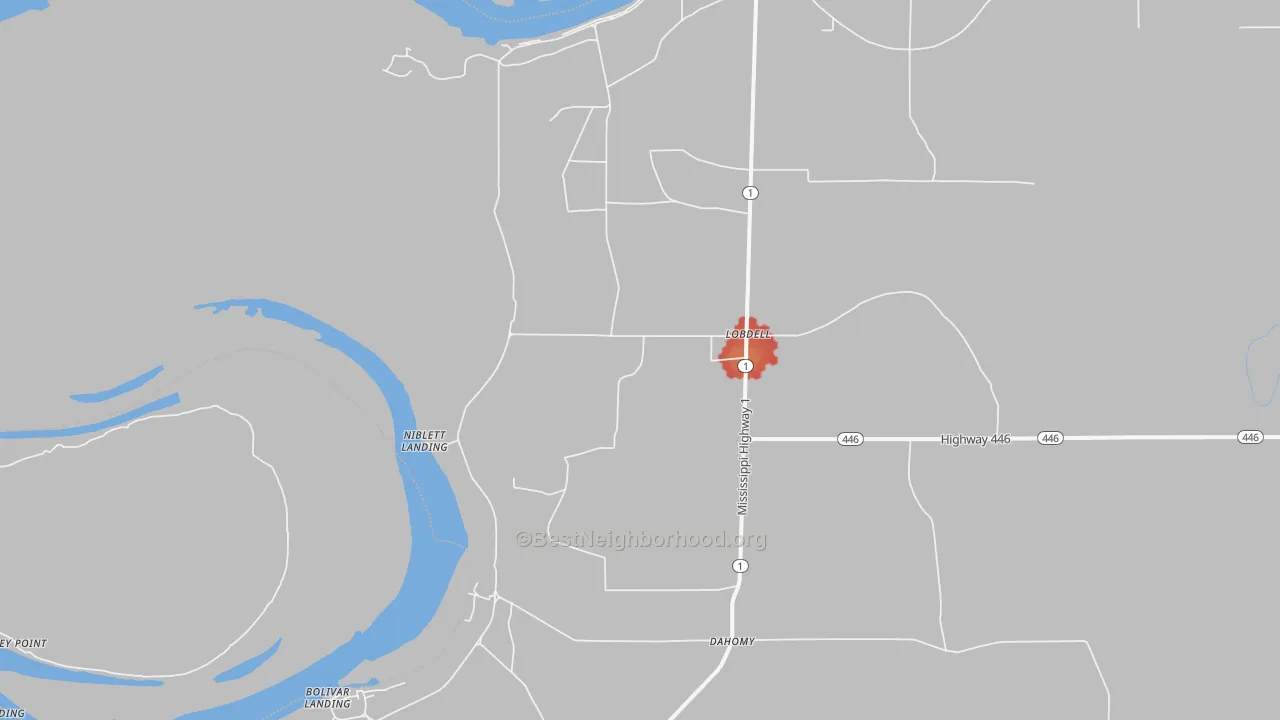 Walk Grade map of Lobdell, MS, walkable areas in green and car-dependent areas in red