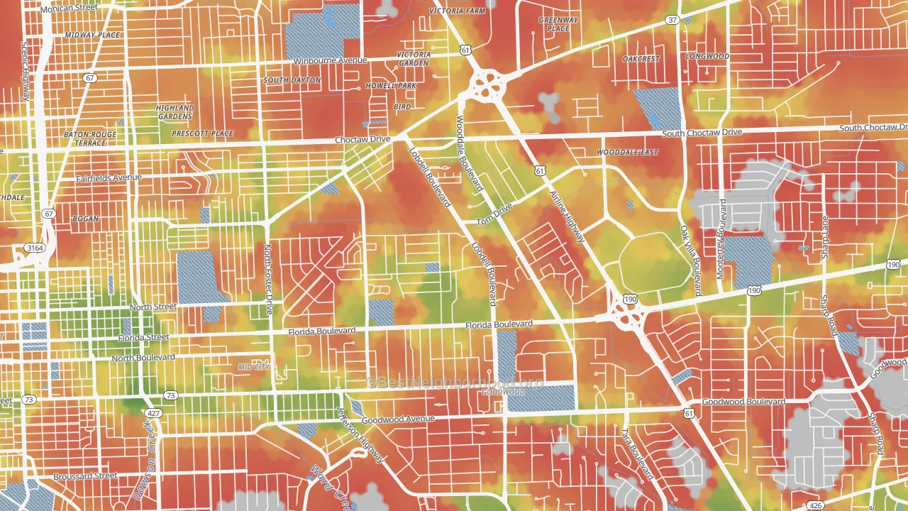 Walk Grade map of Lobdell-Woodale, Baton Rouge, LA, walkable areas in green and car-dependent areas in red