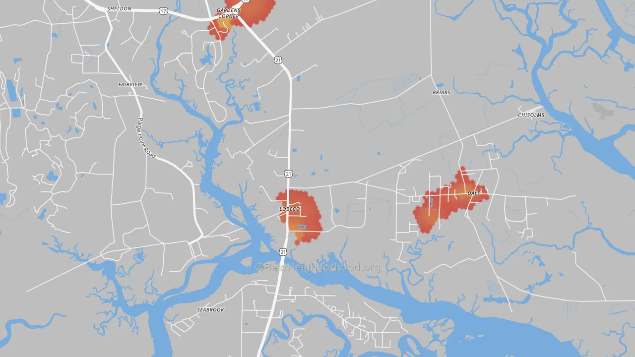 Walk Grade map of Lobeco, SC, walkable areas in green and car-dependent areas in red