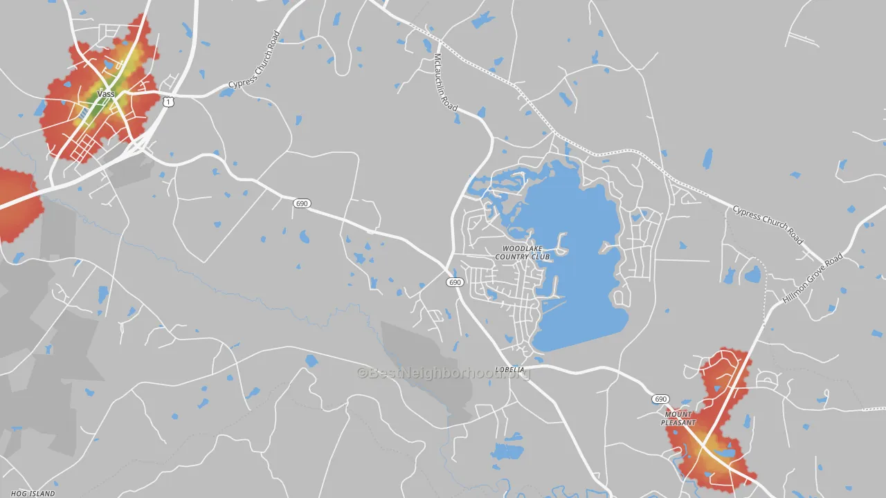 Walk Grade map of Lobelia, NC, walkable areas in green and car-dependent areas in red