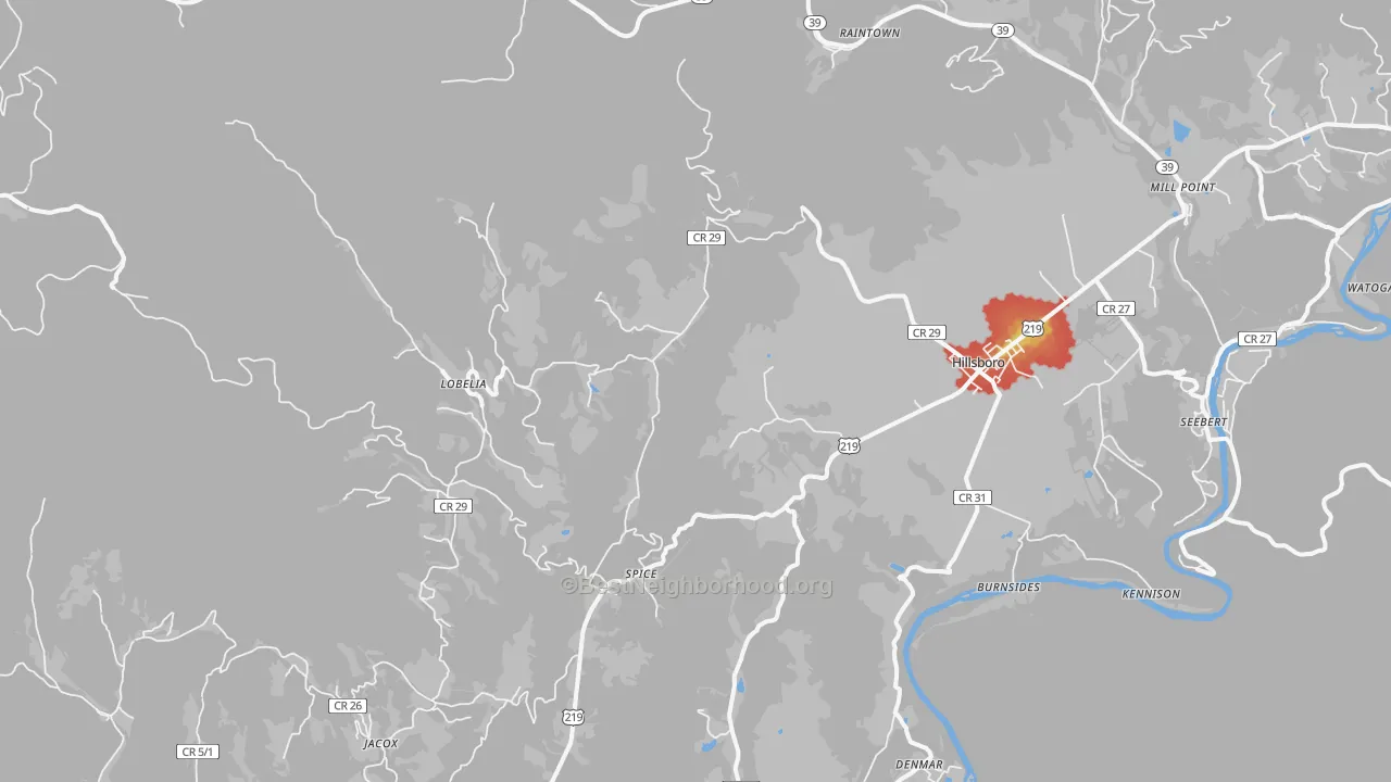 Walk Grade map of Lobelia, WV, walkable areas in green and car-dependent areas in red