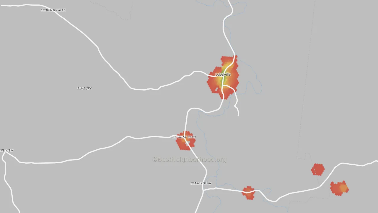 Walk Grade map of Lobelville, TN, walkable areas in green and car-dependent areas in red