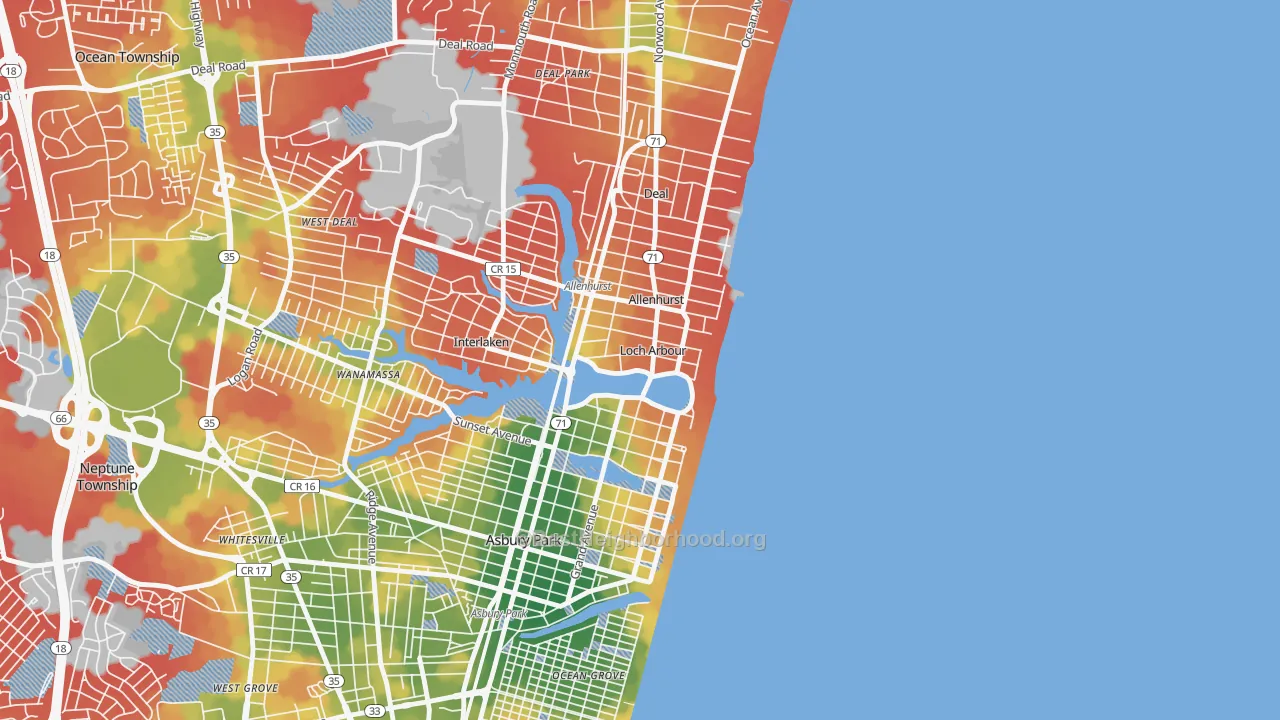 Walk Grade map of Loch Arbour, NJ, walkable areas in green and car-dependent areas in red