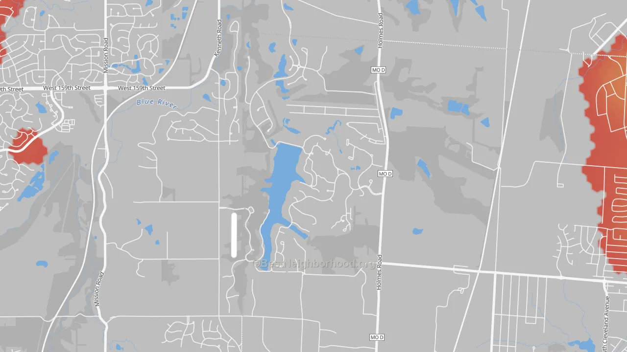 Walk Grade map of Loch Lloyd, MO, walkable areas in green and car-dependent areas in red