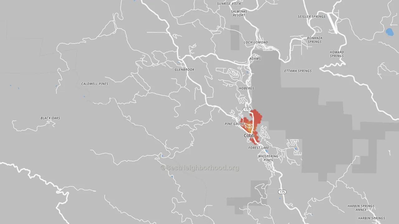 Walk Grade map of Loch Lomond, CA, walkable areas in green and car-dependent areas in red