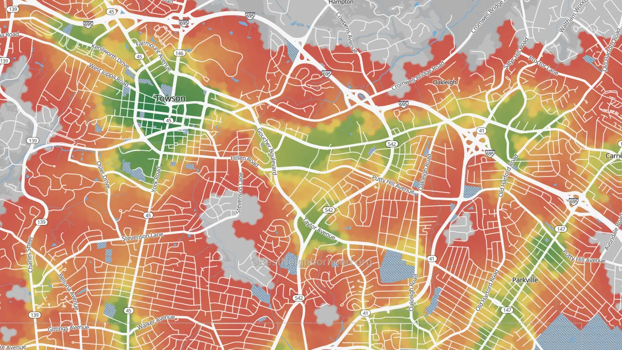 Walk Grade map of Loch Raven Manor, Towson, MD, walkable areas in green and car-dependent areas in red