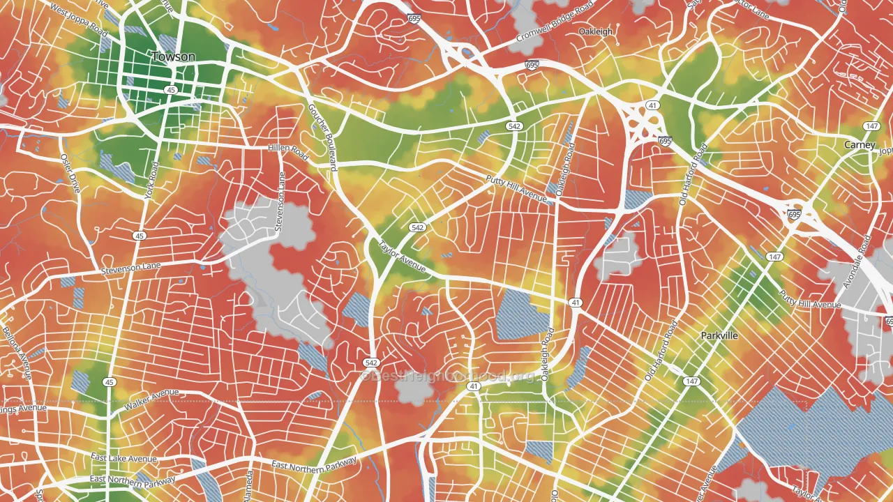 Walk Grade map of Loch Raven Village, Parkville, MD, walkable areas in green and car-dependent areas in red
