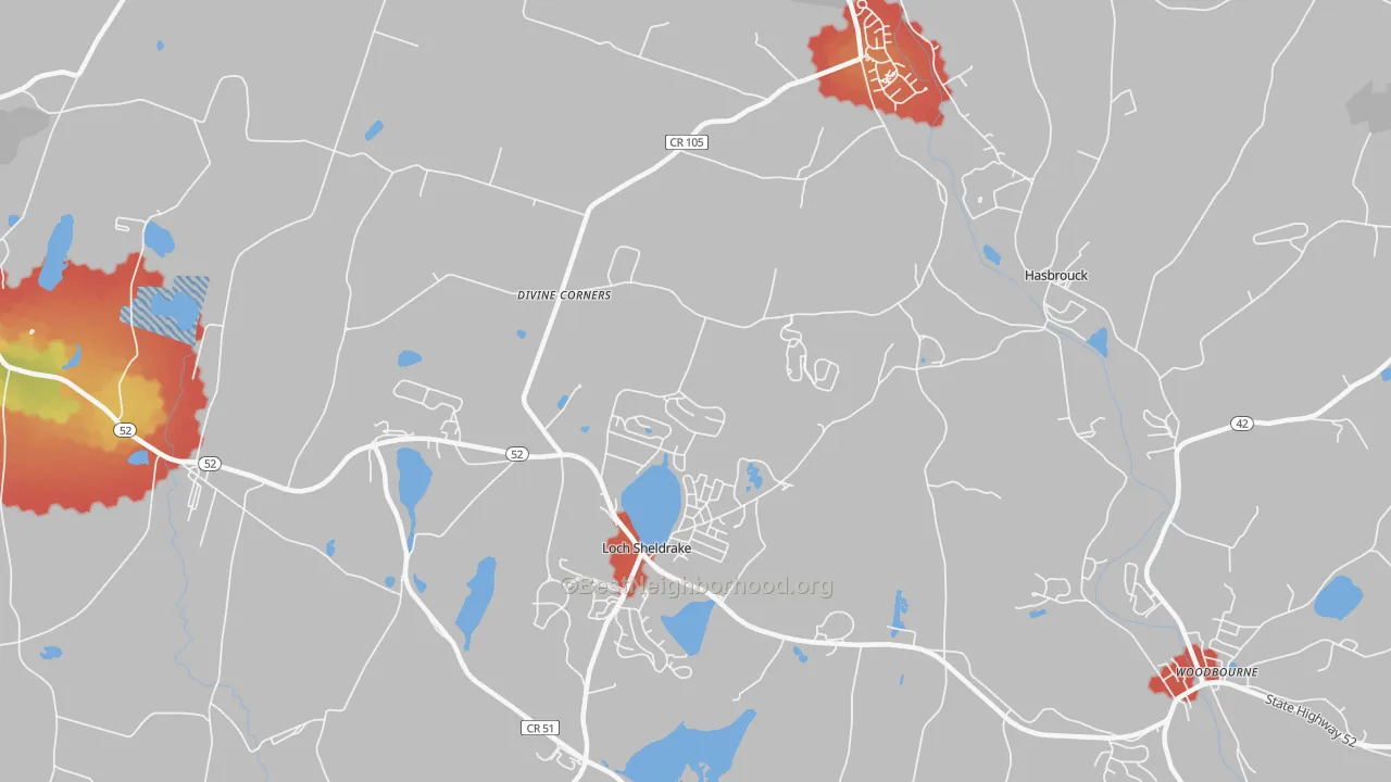 Walk Grade map of Loch Sheldrake, NY, walkable areas in green and car-dependent areas in red