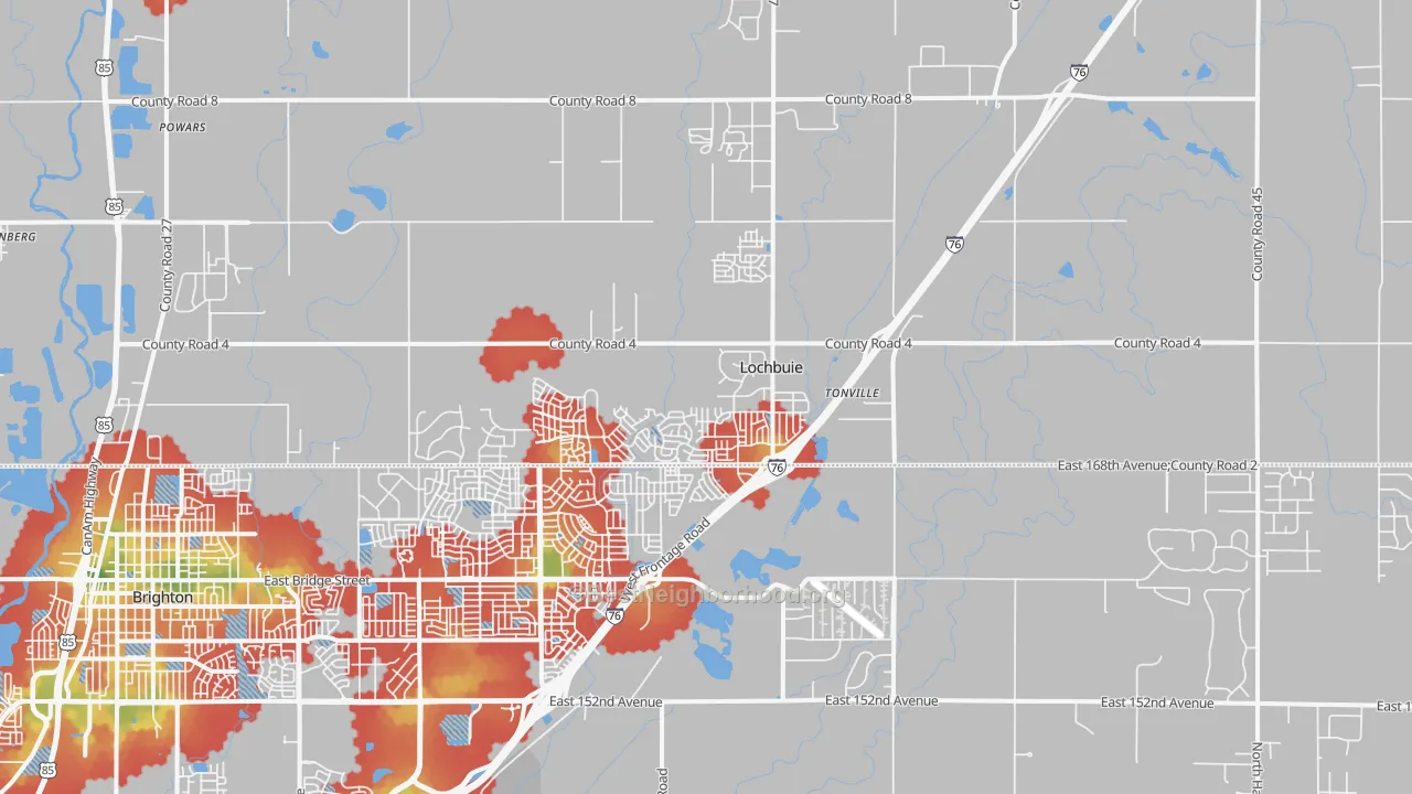 Walk Grade map of Lochbuie, CO, walkable areas in green and car-dependent areas in red