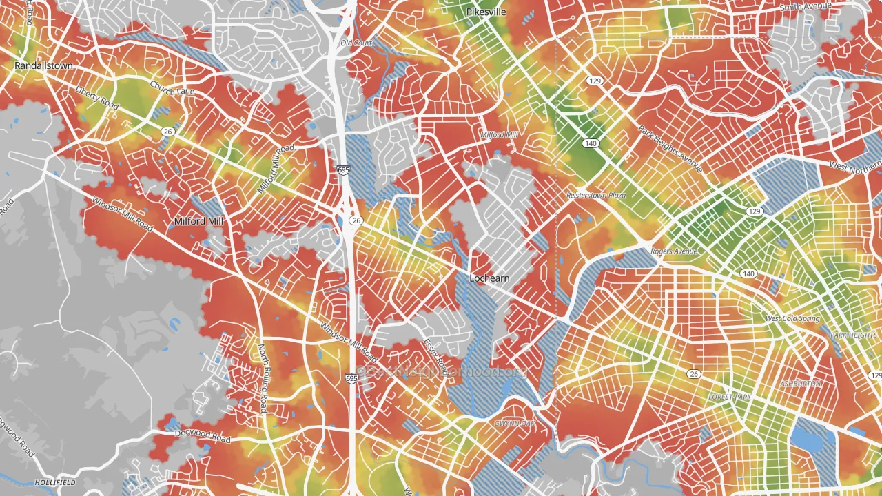Walk Grade map of Lochearn, MD, walkable areas in green and car-dependent areas in red