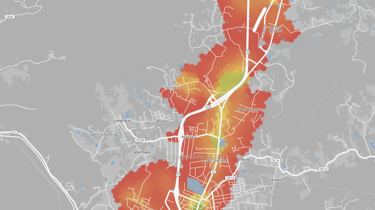 Walk Grade map of Lochgelly, WV, walkable areas in green and car-dependent areas in red