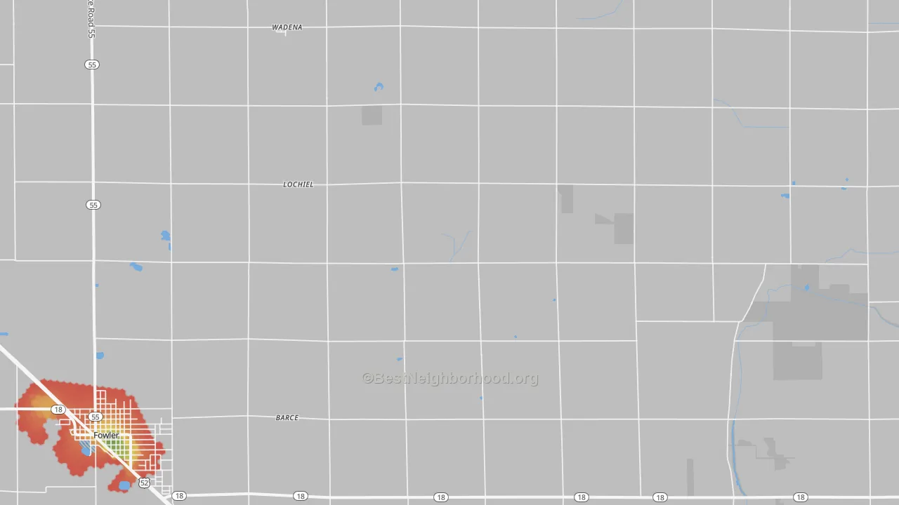 Walk Grade map of Lochiel, IN, walkable areas in green and car-dependent areas in red