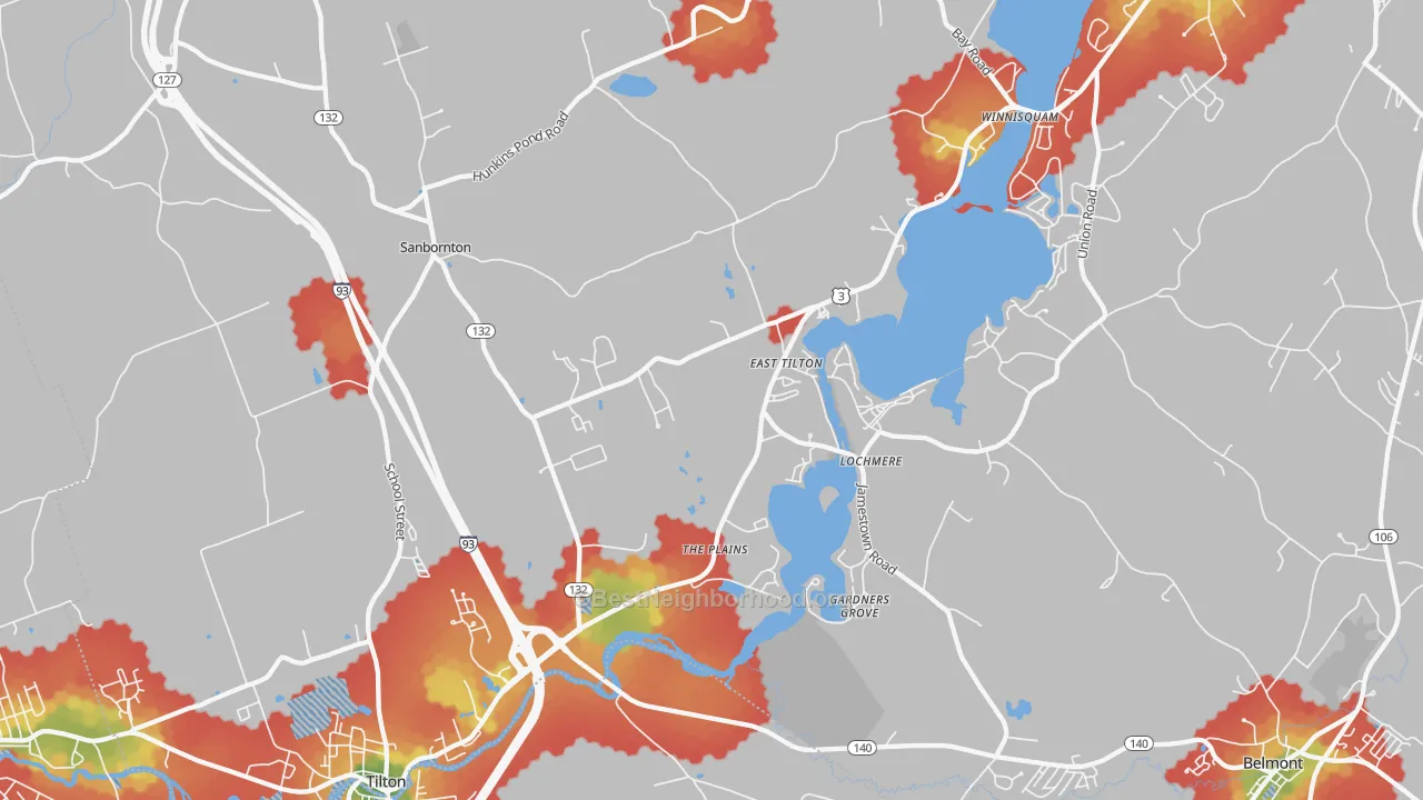 Walk Grade map of Lochmere, NH, walkable areas in green and car-dependent areas in red