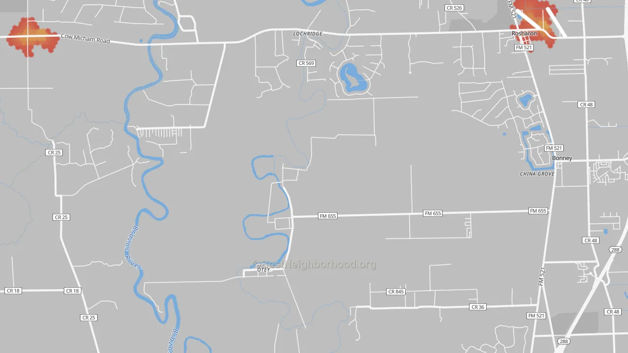 Walk Grade map of Lochridge, TX, walkable areas in green and car-dependent areas in red