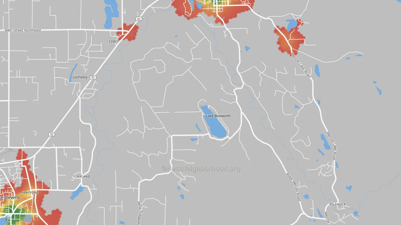 Walk Grade map of Lochsloy, WA, walkable areas in green and car-dependent areas in red