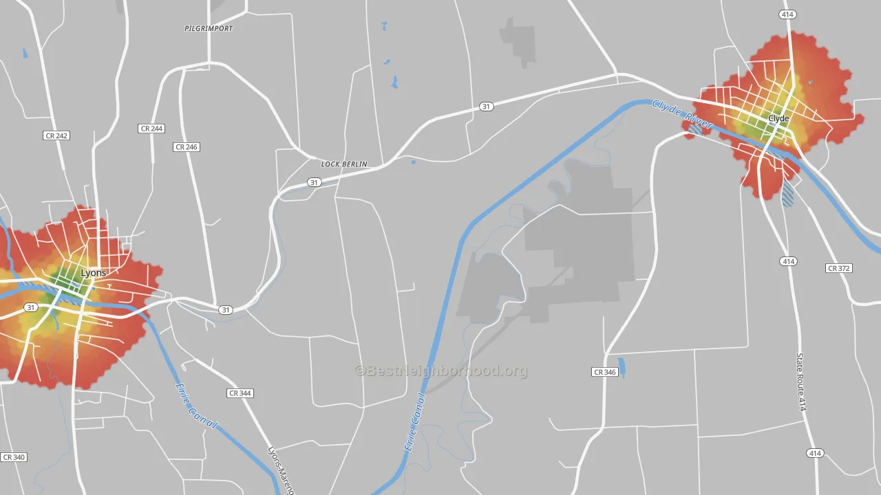 Walk Grade map of Lock Berlin, NY, walkable areas in green and car-dependent areas in red