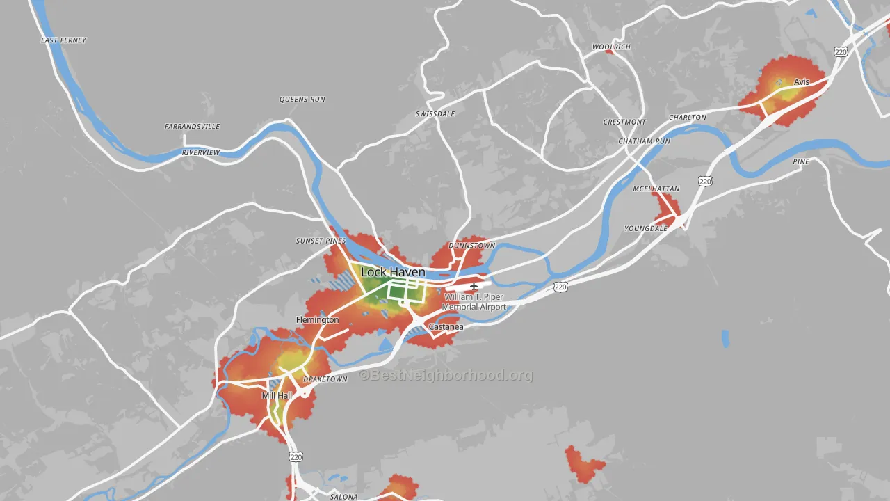 Walk Grade map of Lock Haven, PA, walkable areas in green and car-dependent areas in red