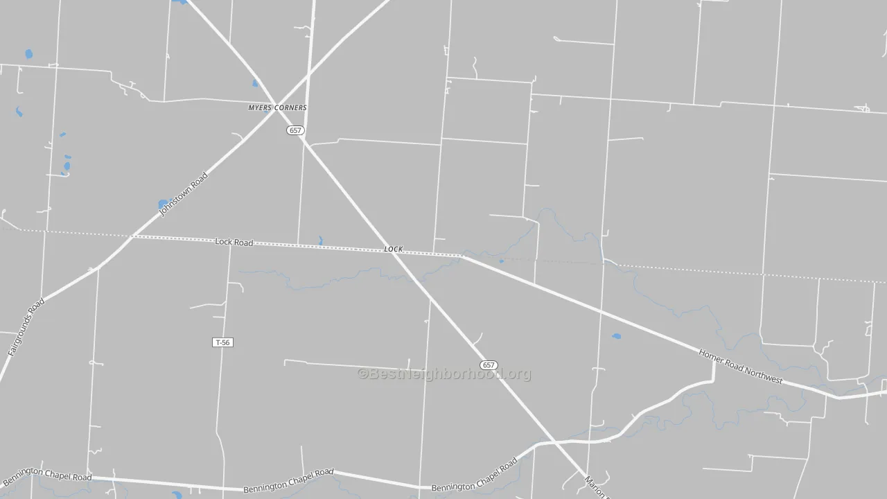 Walk Grade map of Lock, OH, walkable areas in green and car-dependent areas in red
