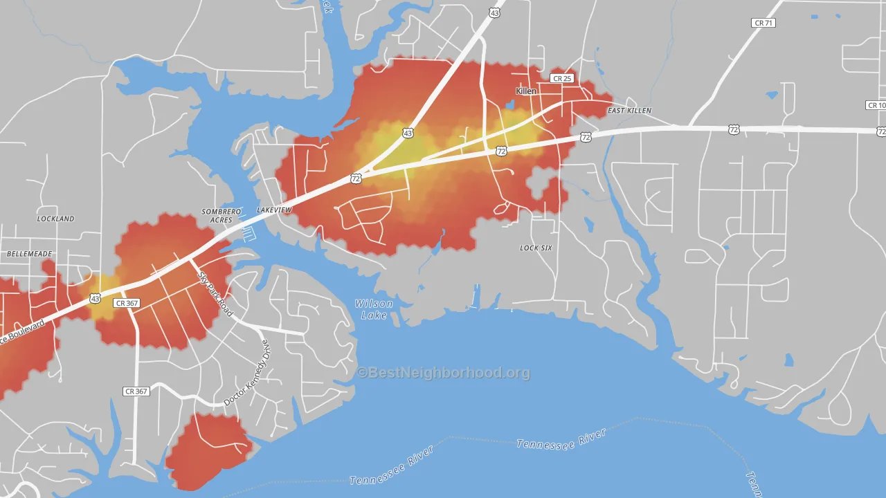 Walk Grade map of Lock Six, AL, walkable areas in green and car-dependent areas in red