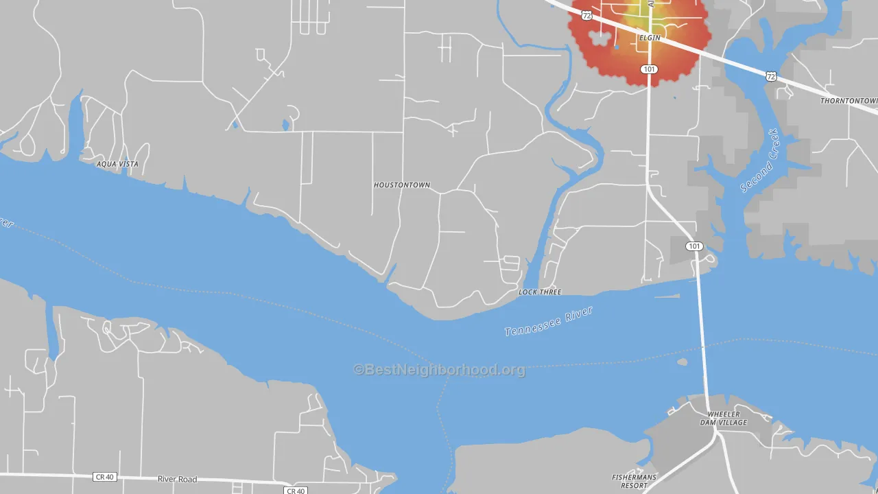 Walk Grade map of Lock Three, AL, walkable areas in green and car-dependent areas in red