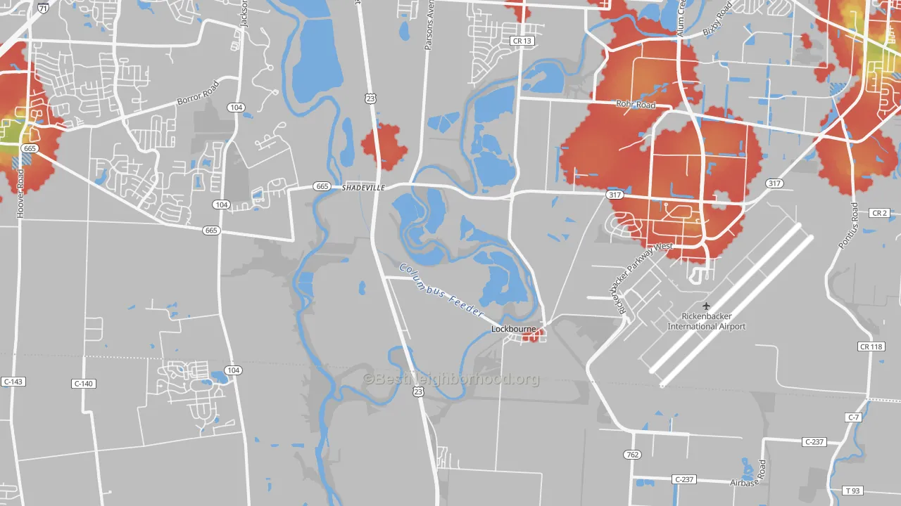 Walk Grade map of Lockbourne, OH, walkable areas in green and car-dependent areas in red