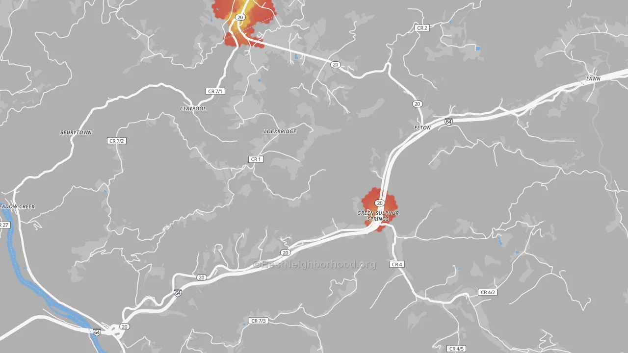 Walk Grade map of Lockbridge, WV, walkable areas in green and car-dependent areas in red